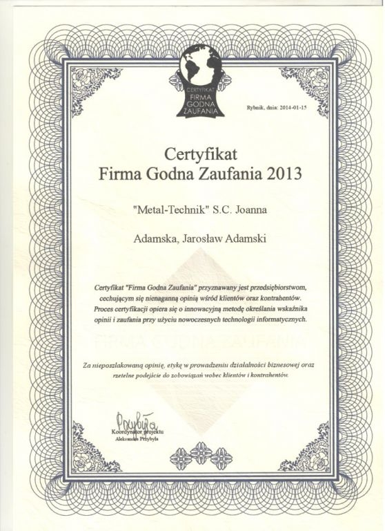 Certyfikat firma godna zaufania 2013